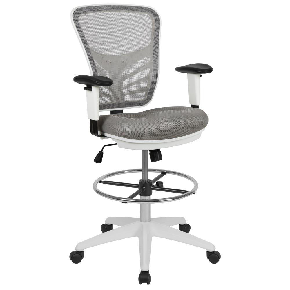 Mid-Back Light Gray Mesh Ergonomic Drafting Chair with Adjustable Chrome Foot Ring, Adjustable Arms and White Frame. The main picture.