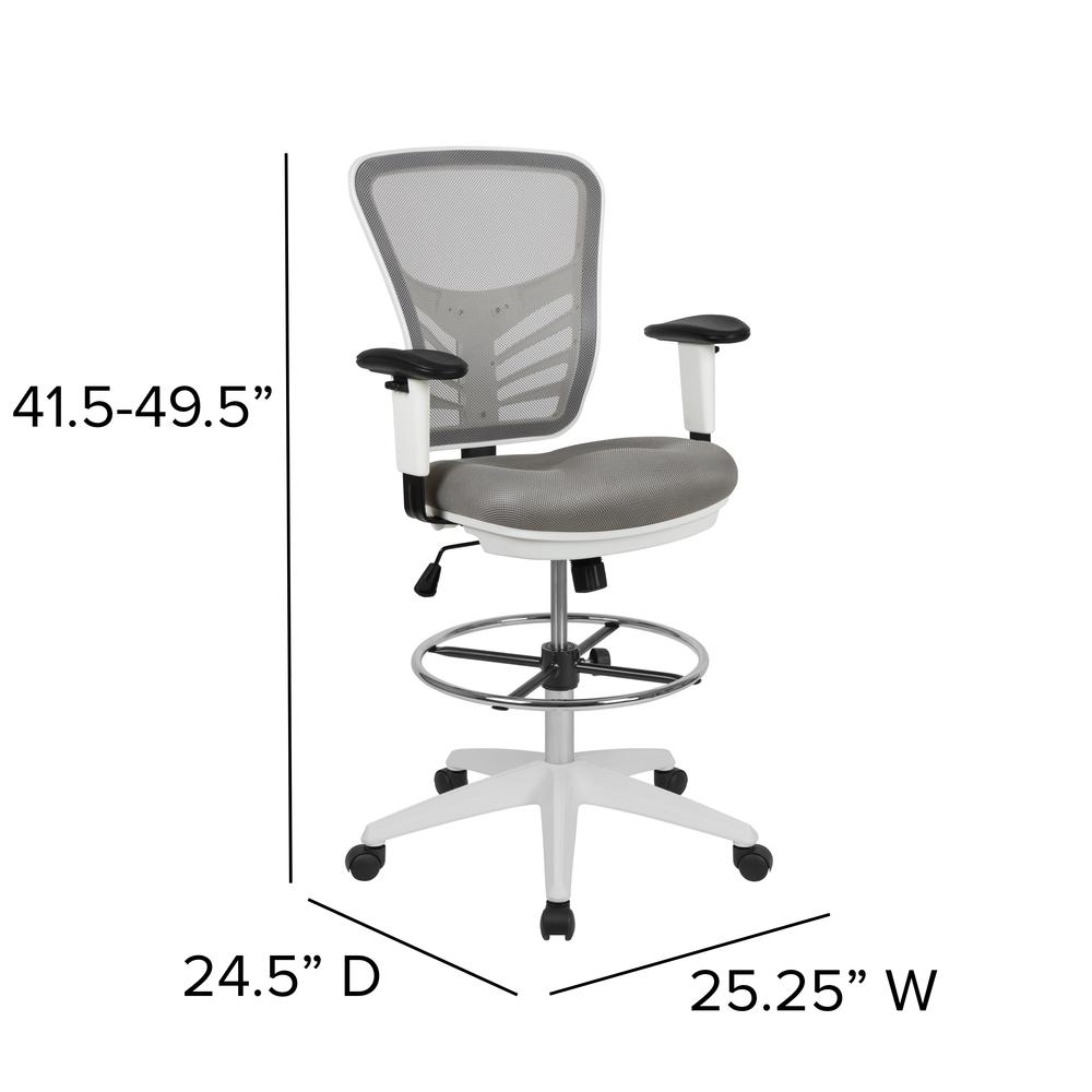 Mid-Back Light Gray Mesh Ergonomic Drafting Chair with Adjustable Chrome Foot Ring, Adjustable Arms and White Frame. Picture 4