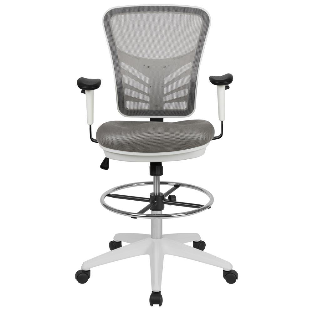 Mid-Back Light Gray Mesh Ergonomic Drafting Chair with Adjustable Chrome Foot Ring, Adjustable Arms and White Frame. Picture 5