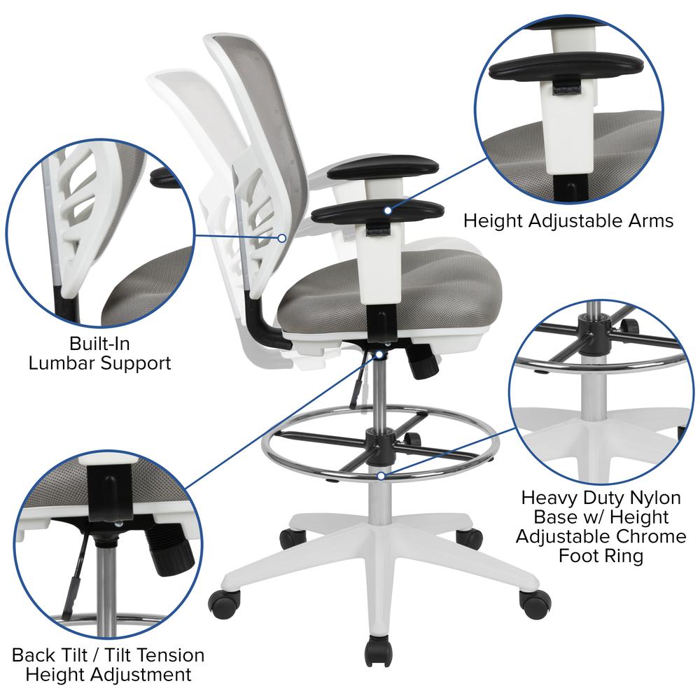 Mid-Back Light Gray Mesh Ergonomic Drafting Chair with Adjustable Chrome Foot Ring, Adjustable Arms and White Frame. Picture 2