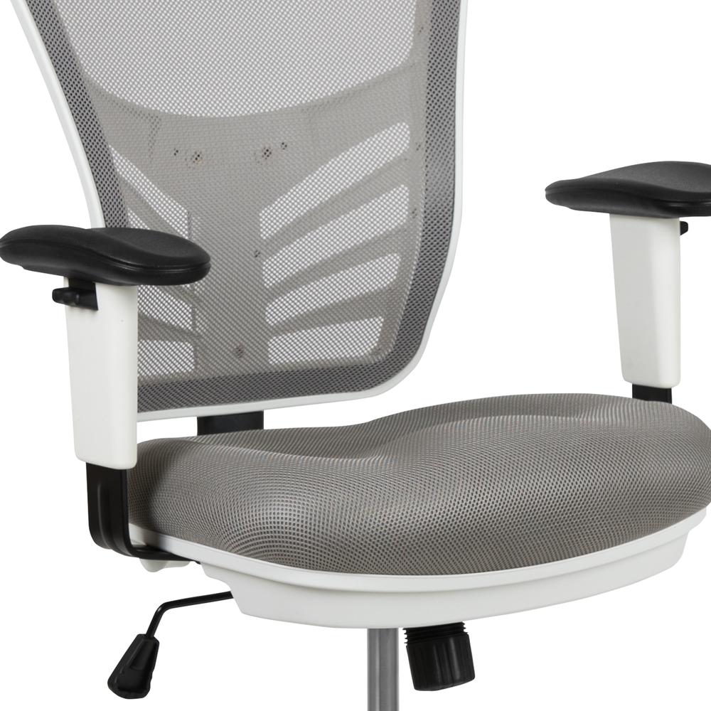 Mid-Back Light Gray Mesh Ergonomic Drafting Chair with Adjustable Chrome Foot Ring, Adjustable Arms and White Frame. Picture 7