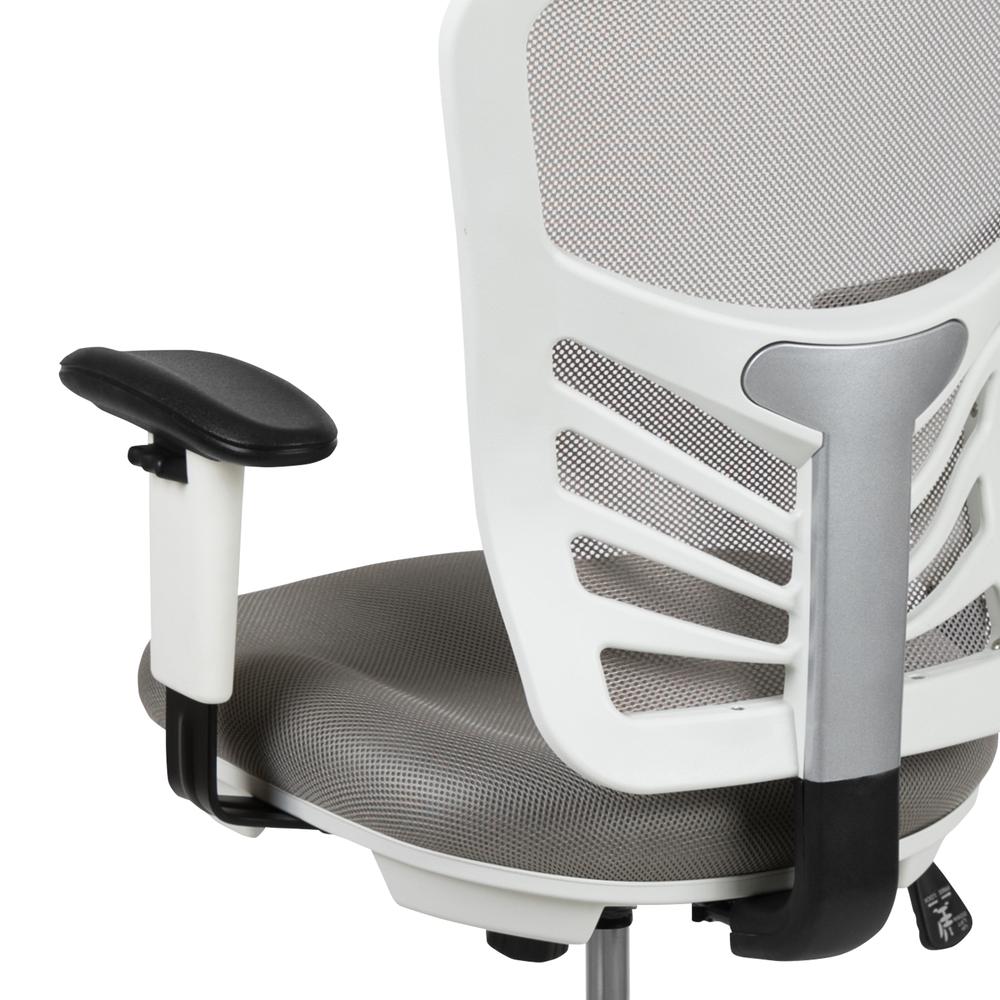 Mid-Back Light Gray Mesh Ergonomic Drafting Chair with Adjustable Chrome Foot Ring, Adjustable Arms and White Frame. Picture 8