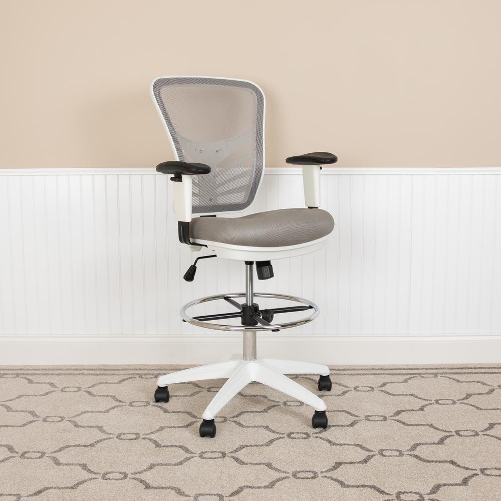 Mid-Back Light Gray Mesh Ergonomic Drafting Chair with Adjustable Chrome Foot Ring, Adjustable Arms and White Frame. Picture 3
