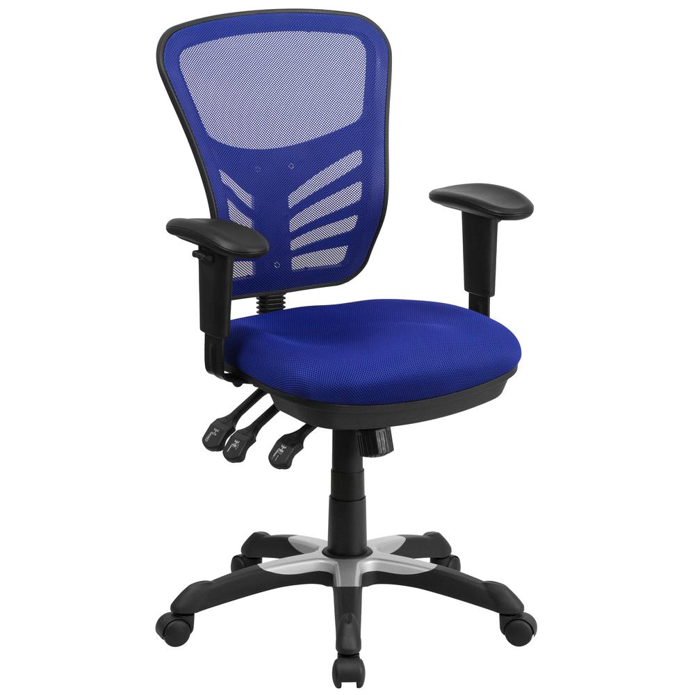 Mid-Back Blue Mesh Multifunction Executive Swivel Ergonomic Office Chair with Adjustable Arms. Picture 1