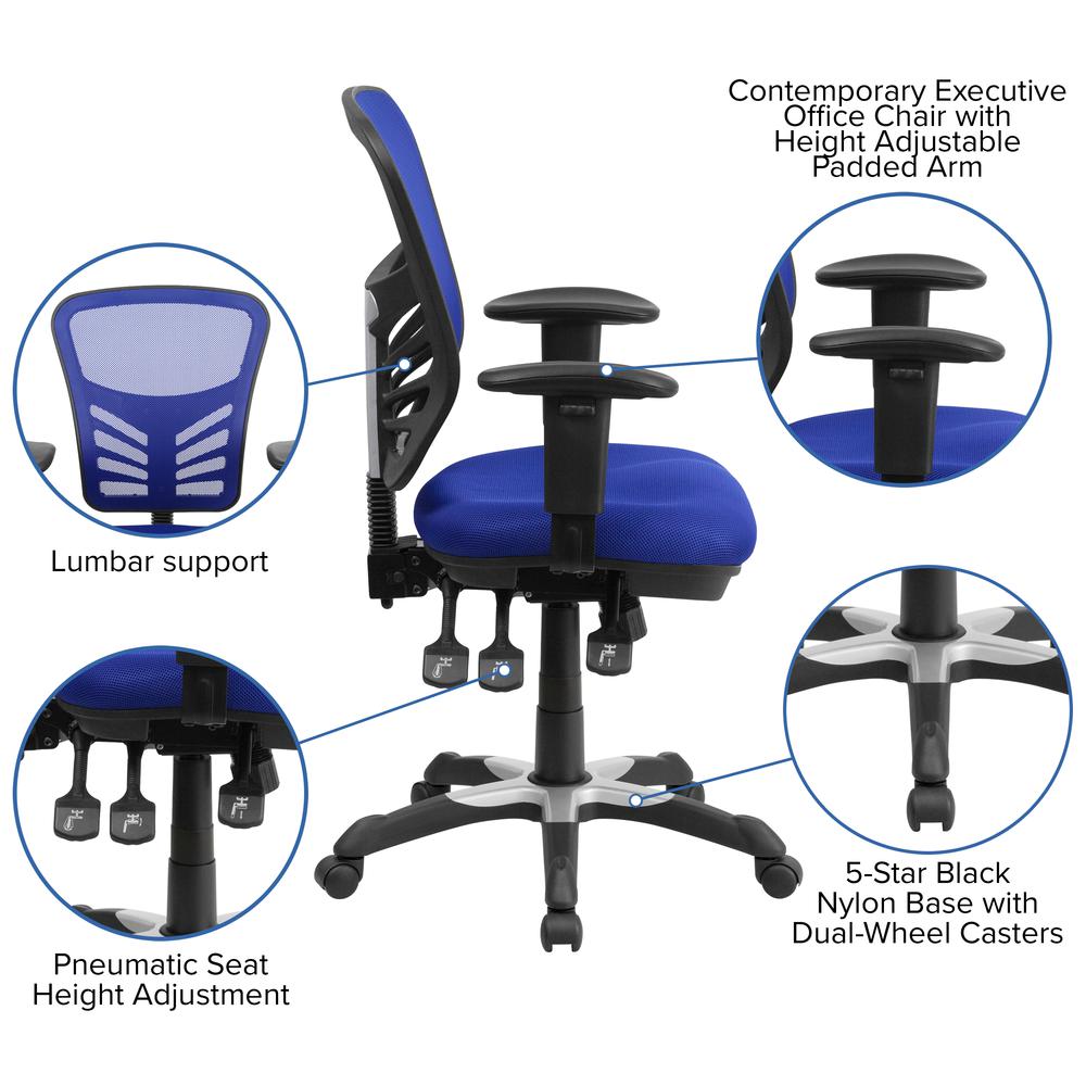 Mid-Back Blue Mesh Multifunction Executive Swivel Ergonomic Office Chair with Adjustable Arms. Picture 6
