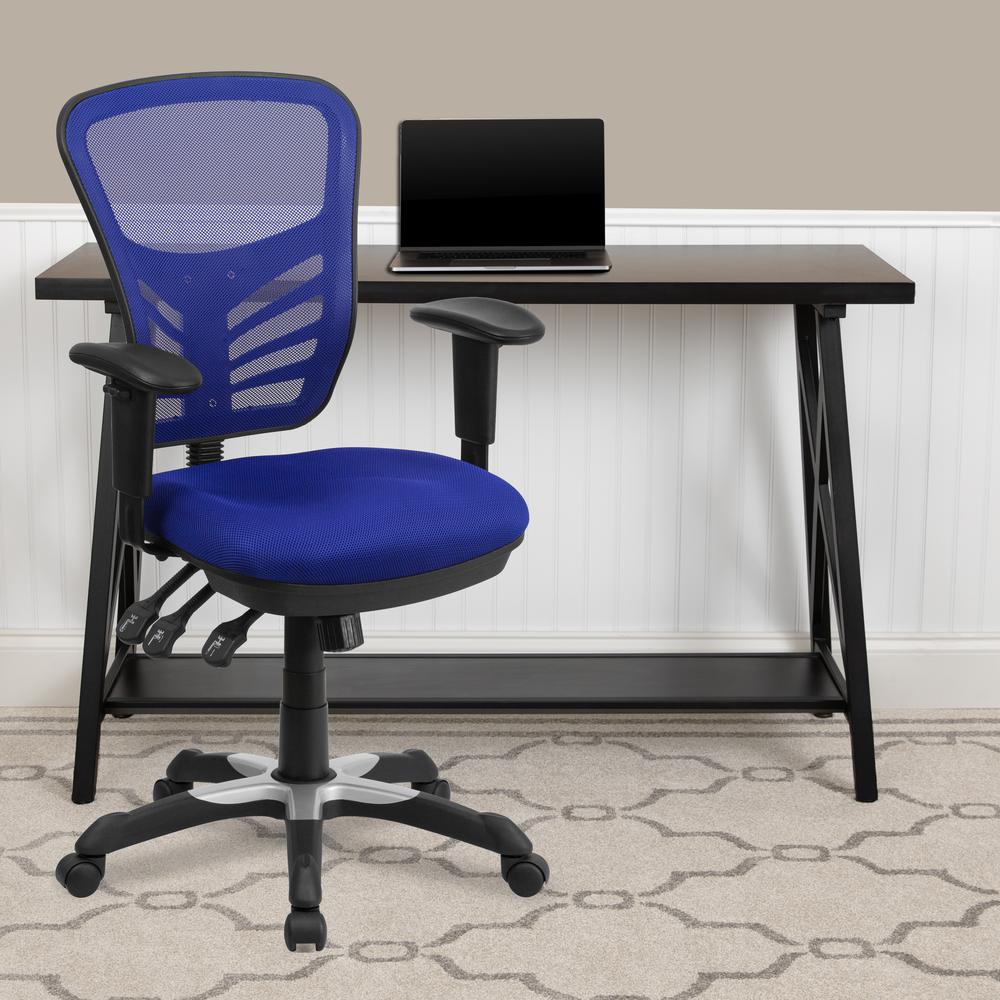 Mid-Back Blue Mesh Multifunction Executive Swivel Ergonomic Office Chair with Adjustable Arms. Picture 9