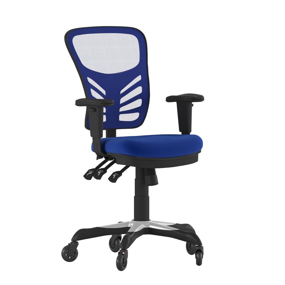 Mid-Back Blue Mesh Multifunction Executive Swivel Office Chair and Roller Wheels. Picture 2