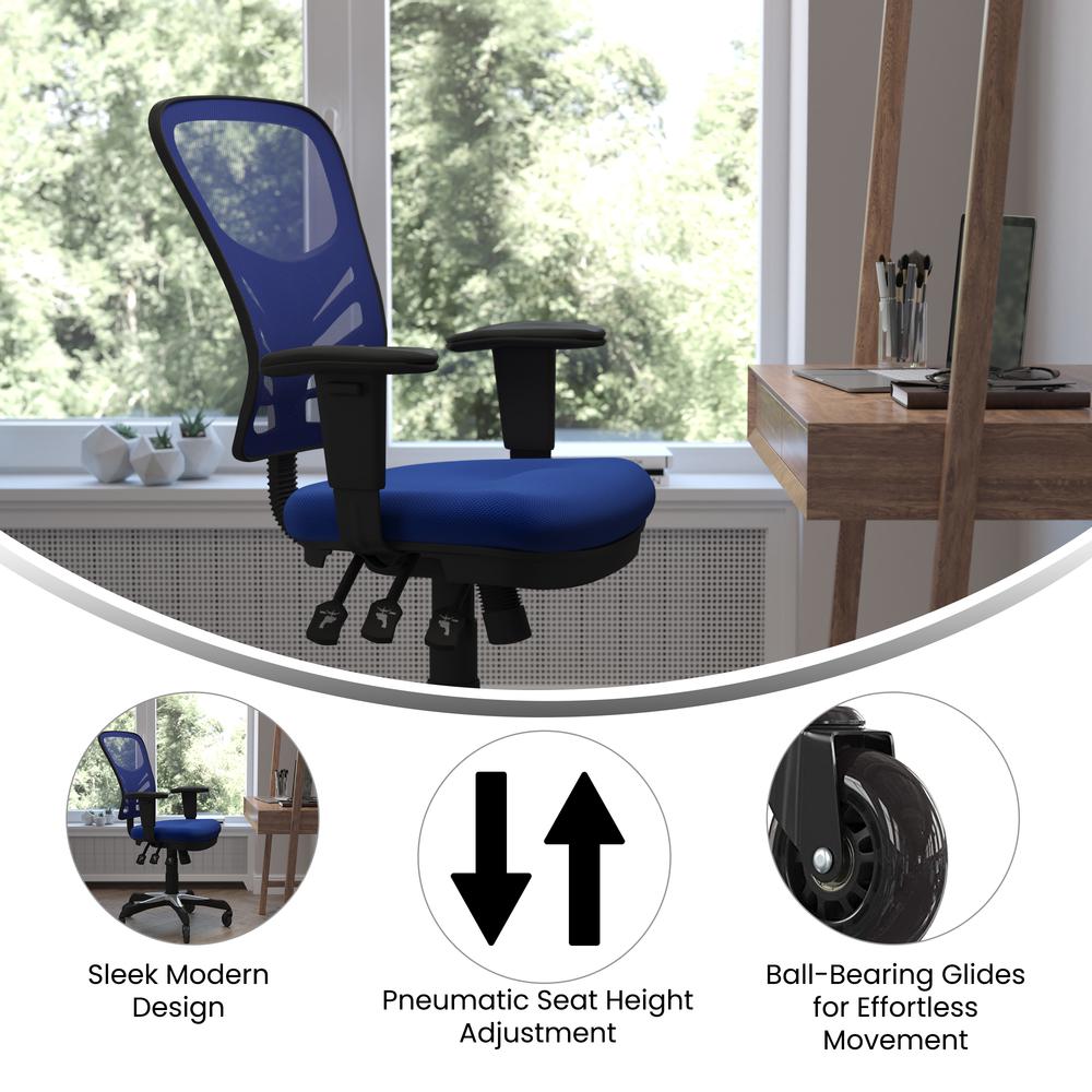 Mid-Back Blue Mesh Multifunction Executive Swivel Office Chair and Roller Wheels. Picture 4