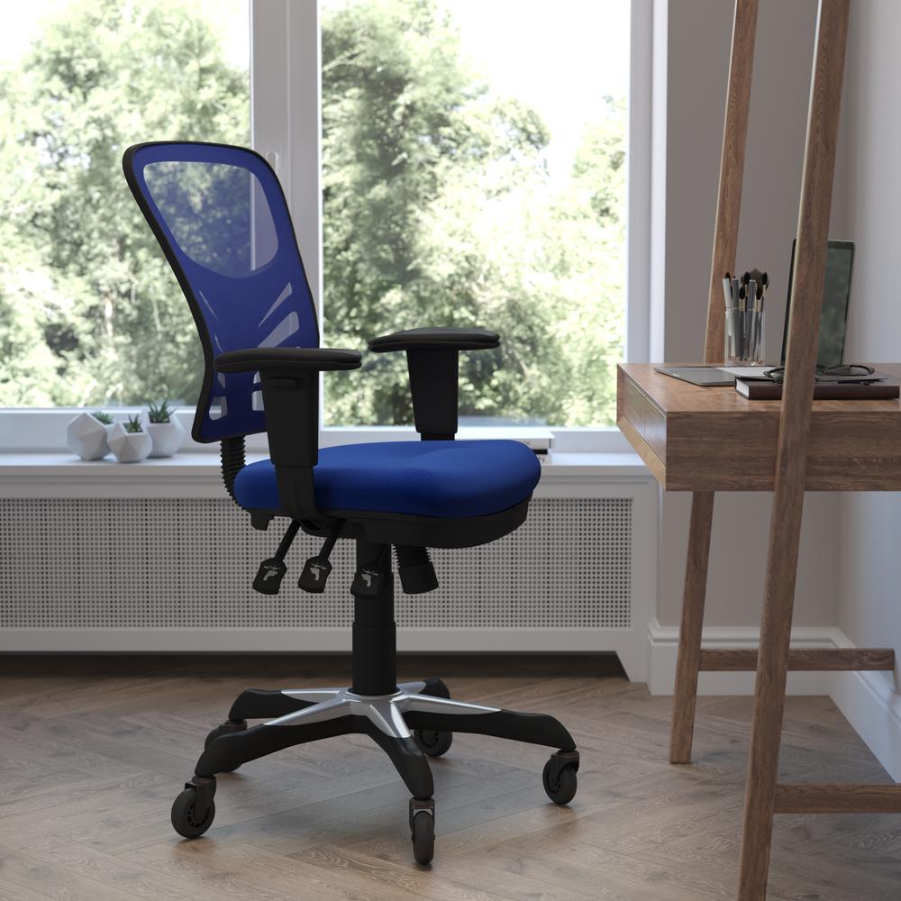 Mid-Back Blue Mesh Multifunction Executive Swivel Office Chair and Roller Wheels. Picture 1