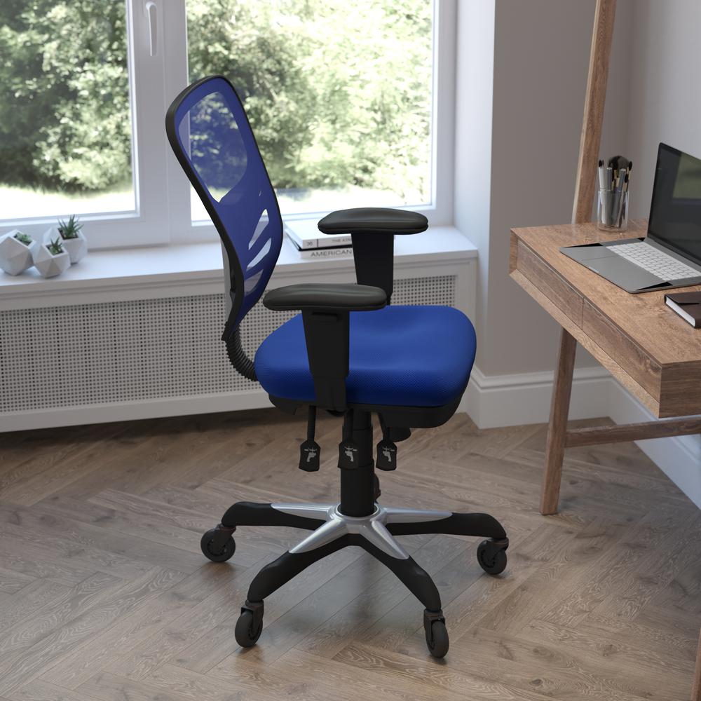 Mid-Back Blue Mesh Multifunction Executive Swivel Office Chair and Roller Wheels. Picture 6