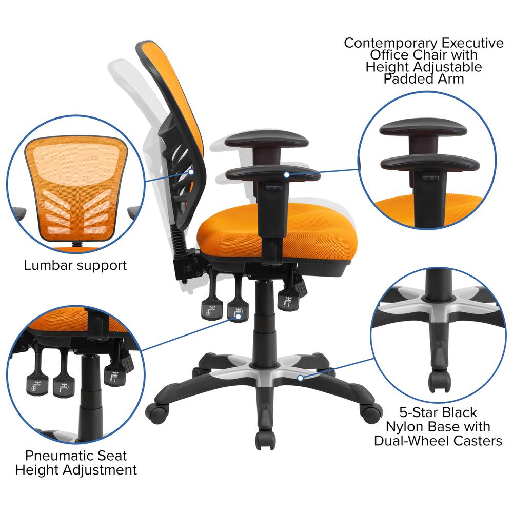 Mid-Back Orange Mesh Multifunction Executive Swivel Ergonomic Office Chair with Adjustable Arms. Picture 6