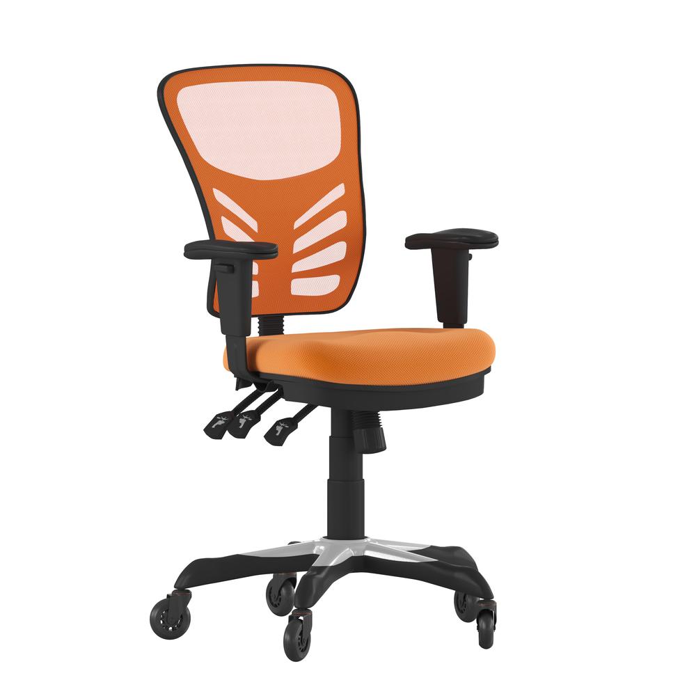 Nicholas Mid-Back Orange Mesh Multifunction Executive Swivel Ergonomic Office Chair with Adjustable Arms and Transparent Roller Wheels. Picture 2