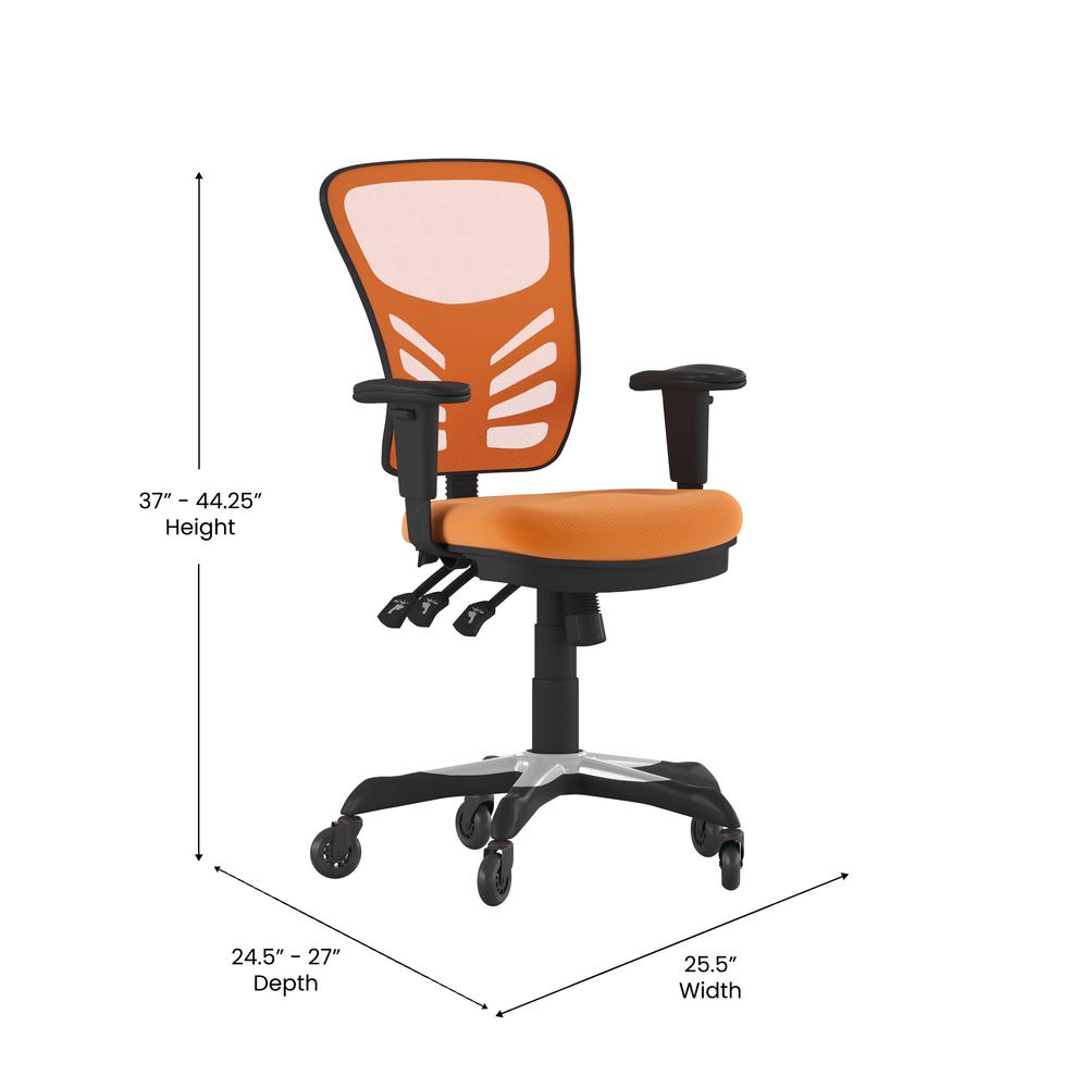 Nicholas Mid-Back Orange Mesh Multifunction Executive Swivel Ergonomic Office Chair with Adjustable Arms and Transparent Roller Wheels. Picture 5