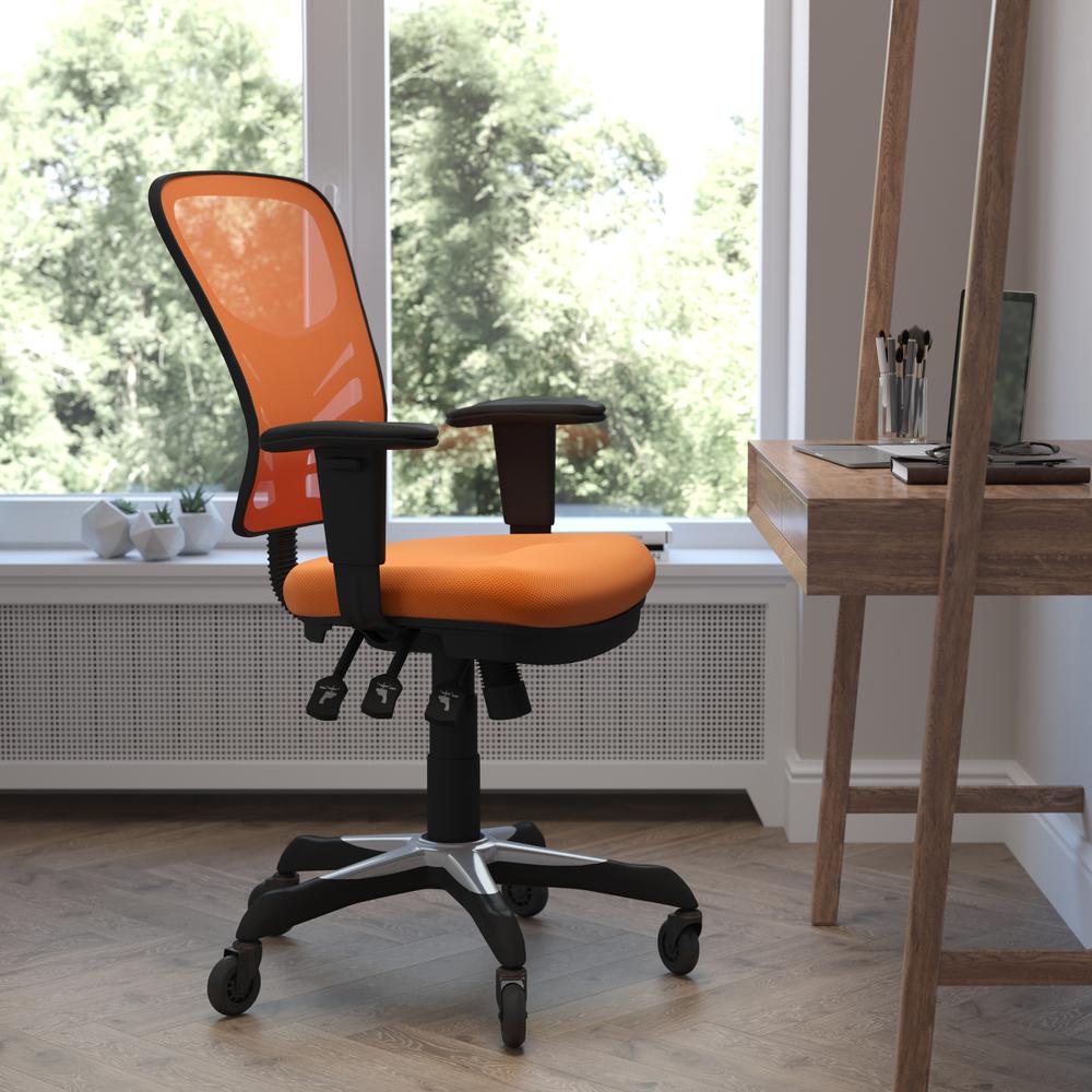 Nicholas Mid-Back Orange Mesh Multifunction Executive Swivel Ergonomic Office Chair with Adjustable Arms and Transparent Roller Wheels. Picture 1