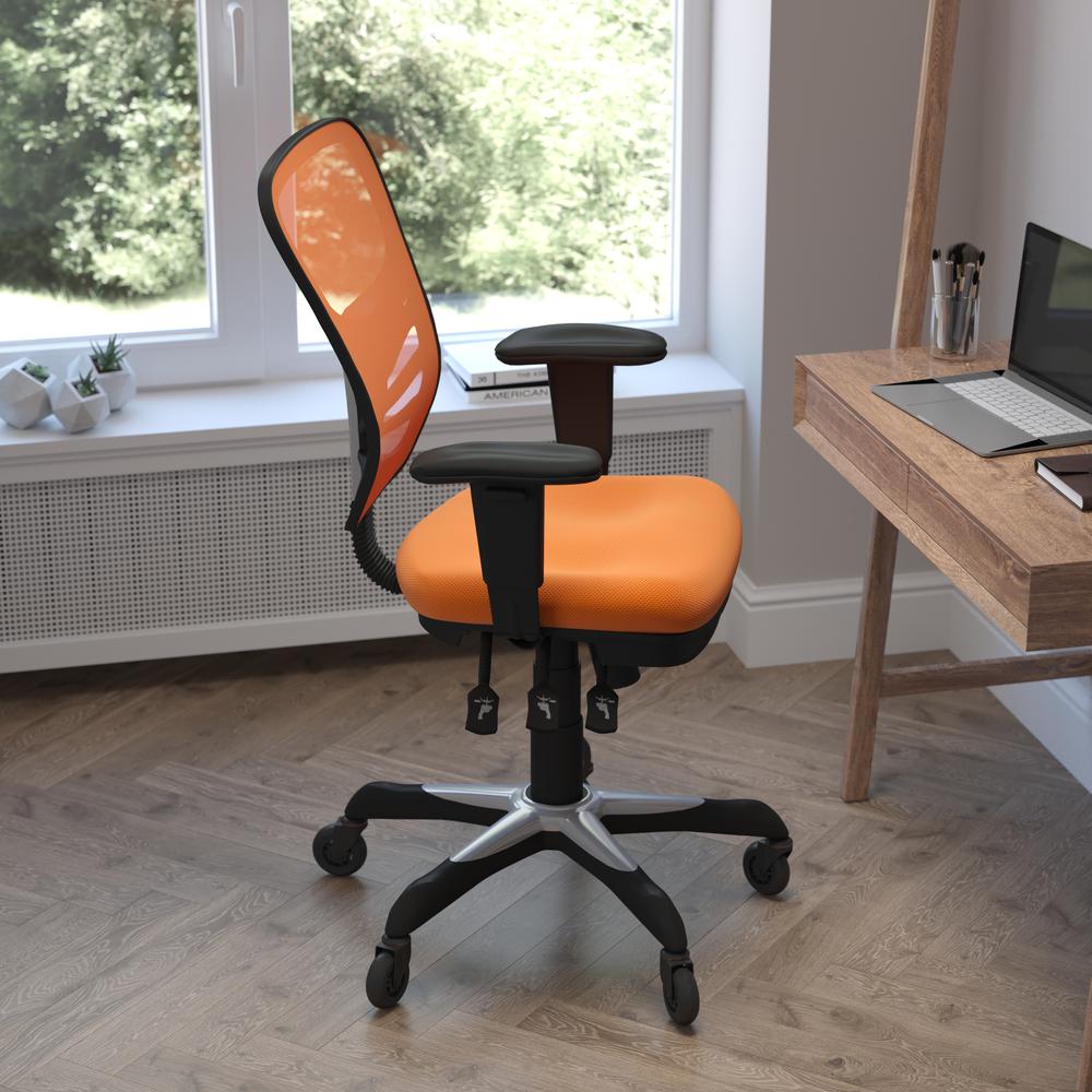 Nicholas Mid-Back Orange Mesh Multifunction Executive Swivel Ergonomic Office Chair with Adjustable Arms and Transparent Roller Wheels. Picture 6