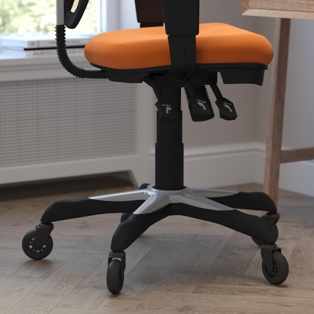 Nicholas Mid-Back Orange Mesh Multifunction Executive Swivel Ergonomic Office Chair with Adjustable Arms and Transparent Roller Wheels. Picture 7
