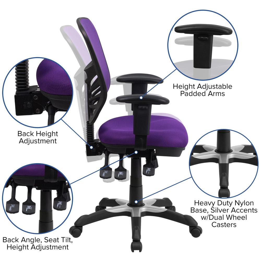 Mid-Back Purple Mesh Multifunction Executive Swivel Ergonomic Office Chair with Adjustable Arms. Picture 6
