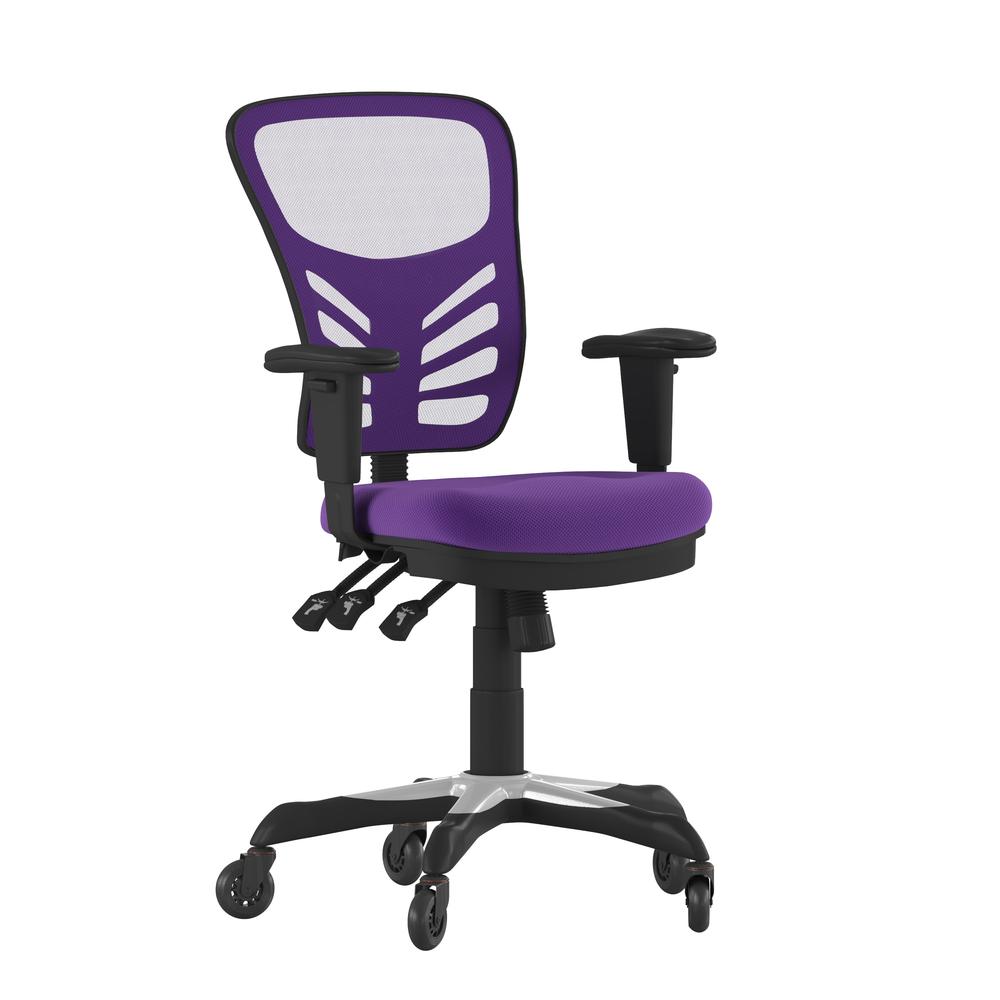 Nicholas Mid-Back Purple Mesh Multifunction Executive Swivel Ergonomic Office Chair with Adjustable Arms and Transparent Roller Wheels. Picture 2