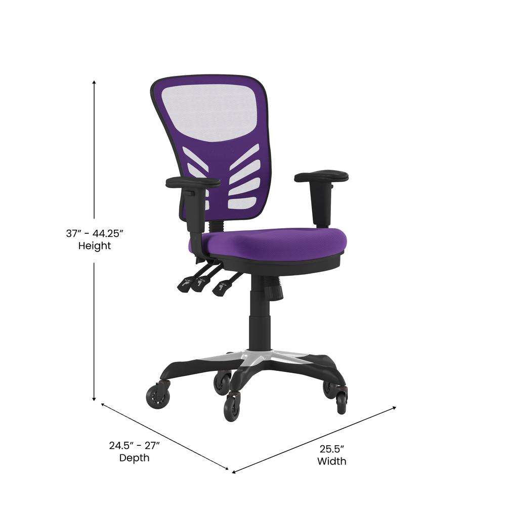 Nicholas Mid-Back Purple Mesh Multifunction Executive Swivel Ergonomic Office Chair with Adjustable Arms and Transparent Roller Wheels. Picture 5