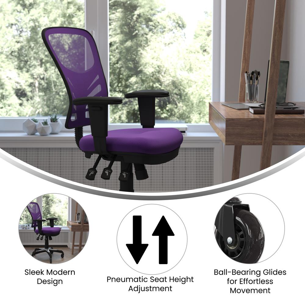 Nicholas Mid-Back Purple Mesh Multifunction Executive Swivel Ergonomic Office Chair with Adjustable Arms and Transparent Roller Wheels. Picture 4