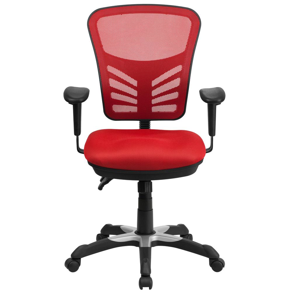 Mid-Back Red Mesh Multifunction Executive Swivel Ergonomic Office Chair with Adjustable Arms. Picture 4