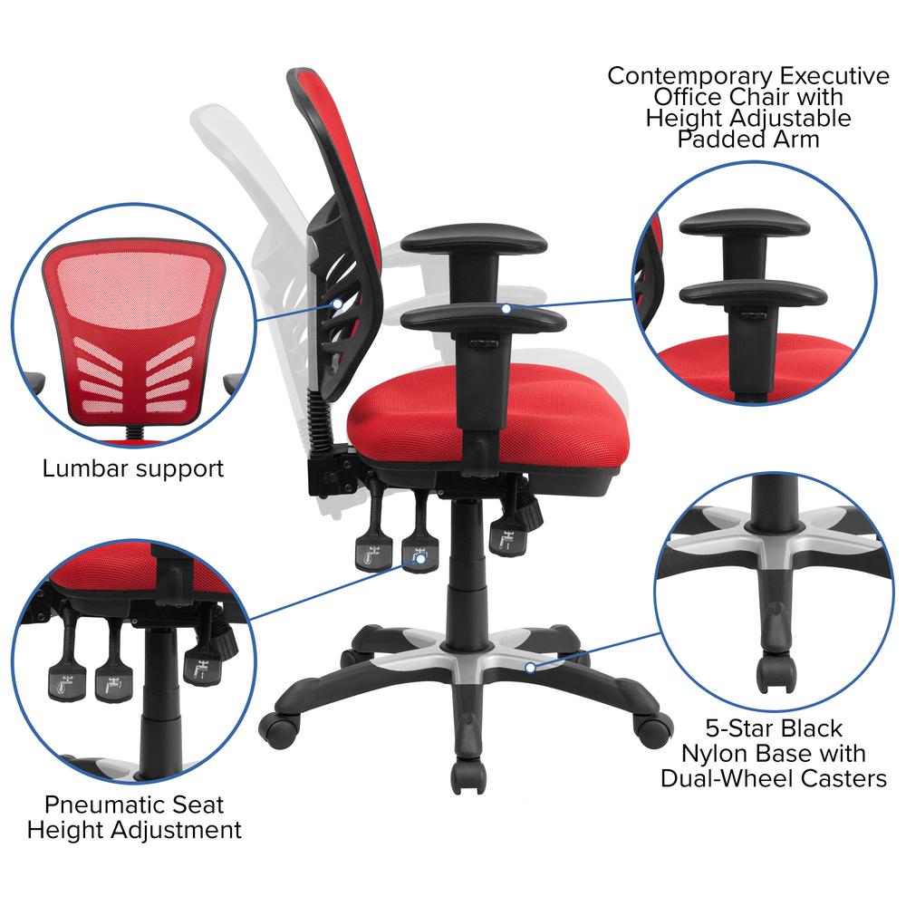 Mid-Back Red Mesh Multifunction Executive Swivel Ergonomic Office Chair with Adjustable Arms. Picture 6