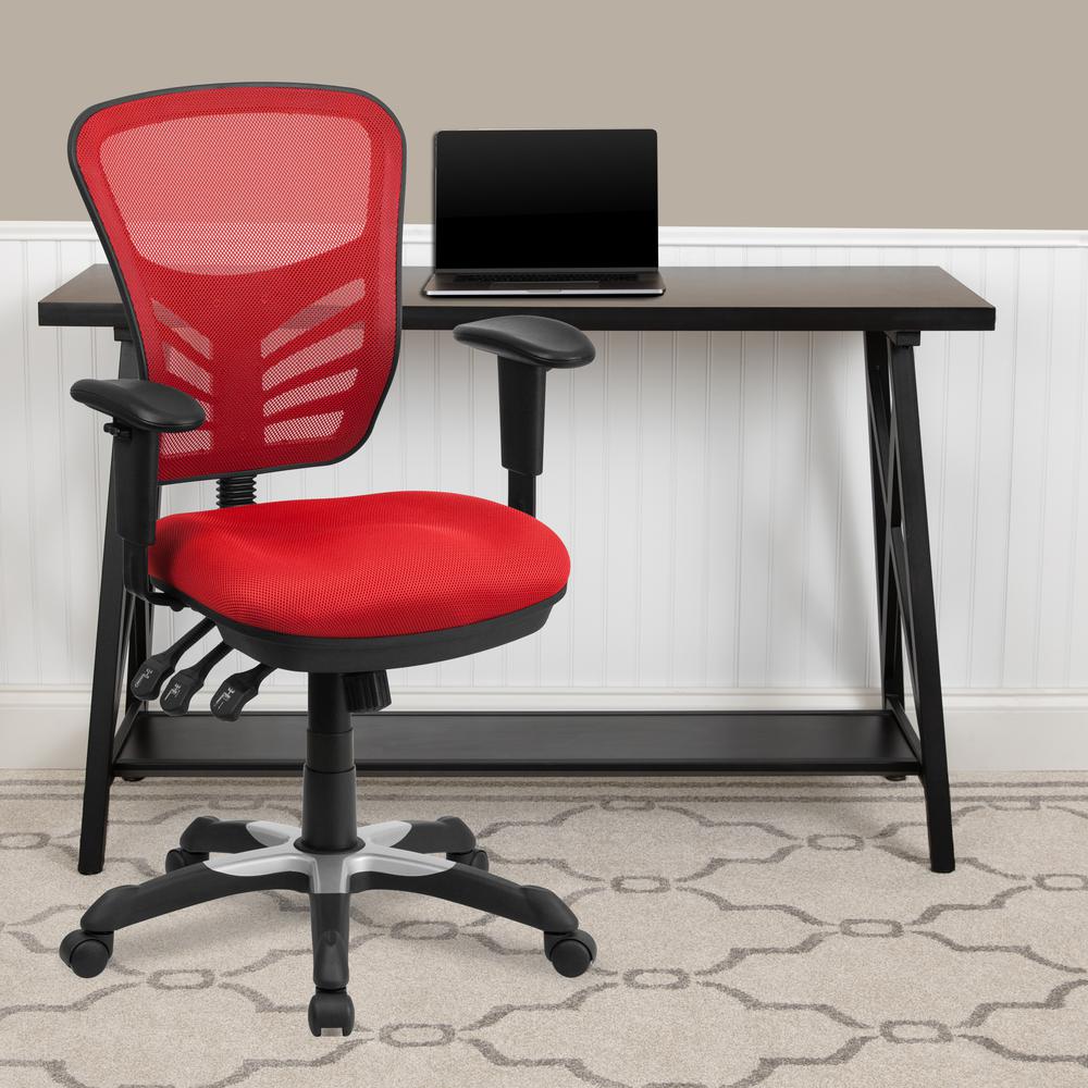 Mid-Back Red Mesh Multifunction Executive Swivel Ergonomic Office Chair with Adjustable Arms. Picture 9