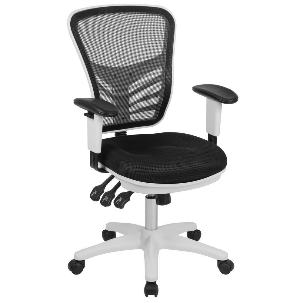 Mid-Back Black Mesh Multifunction Executive Swivel Ergonomic Office Chair with Adjustable Arms and White Frame. Picture 1