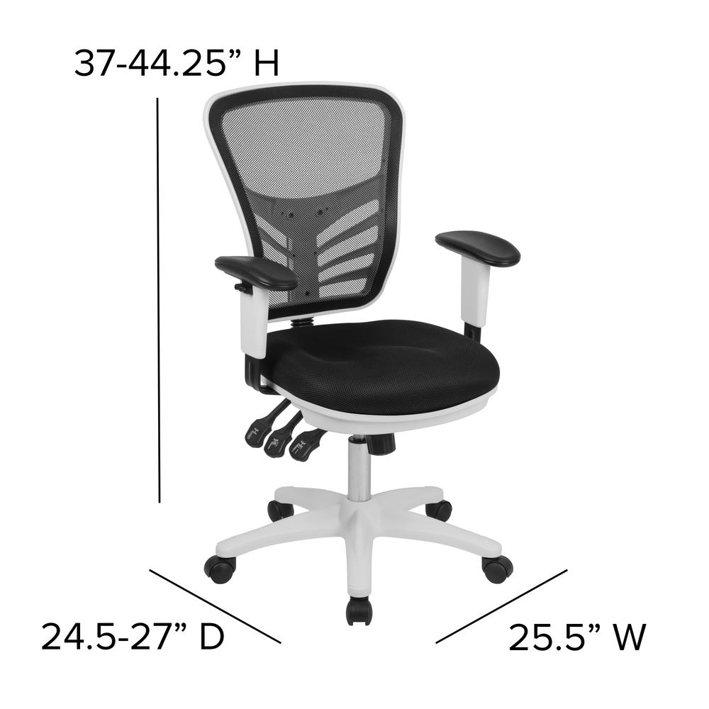 Mid-Back Black Mesh Multifunction Executive Swivel Ergonomic Office Chair with Adjustable Arms and White Frame. Picture 4