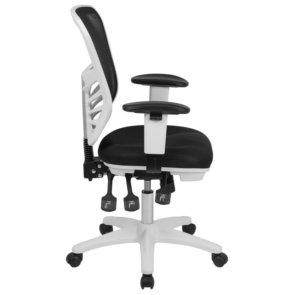 Mid-Back Black Mesh Multifunction Executive Swivel Ergonomic Office Chair with Adjustable Arms and White Frame. Picture 3
