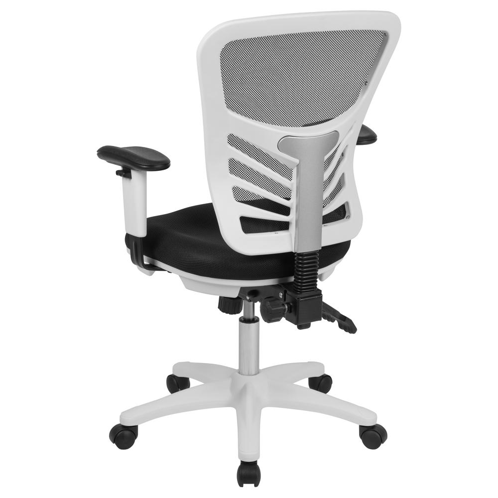 Mid-Back Black Mesh Multifunction Executive Swivel Ergonomic Office Chair with Adjustable Arms and White Frame. Picture 4