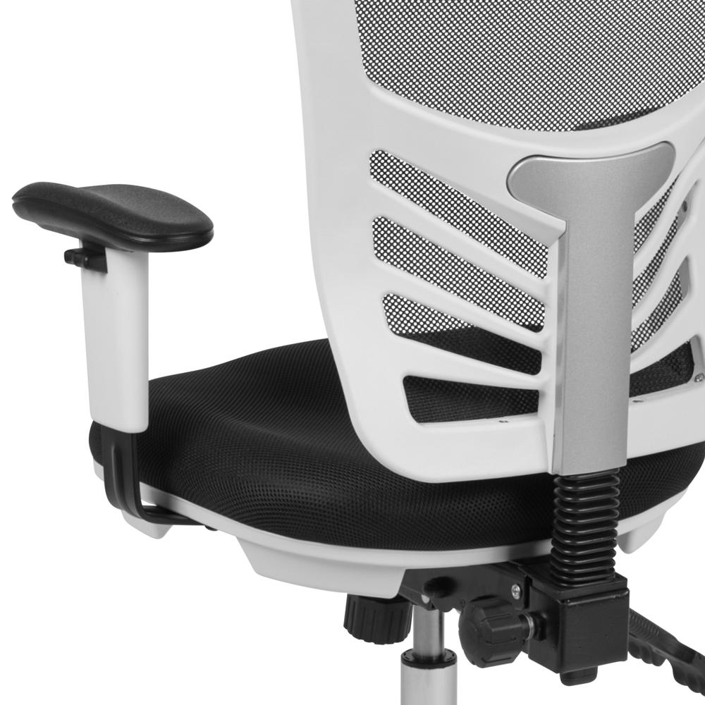 Mid-Back Black Mesh Multifunction Executive Swivel Ergonomic Office Chair with Adjustable Arms and White Frame. Picture 8