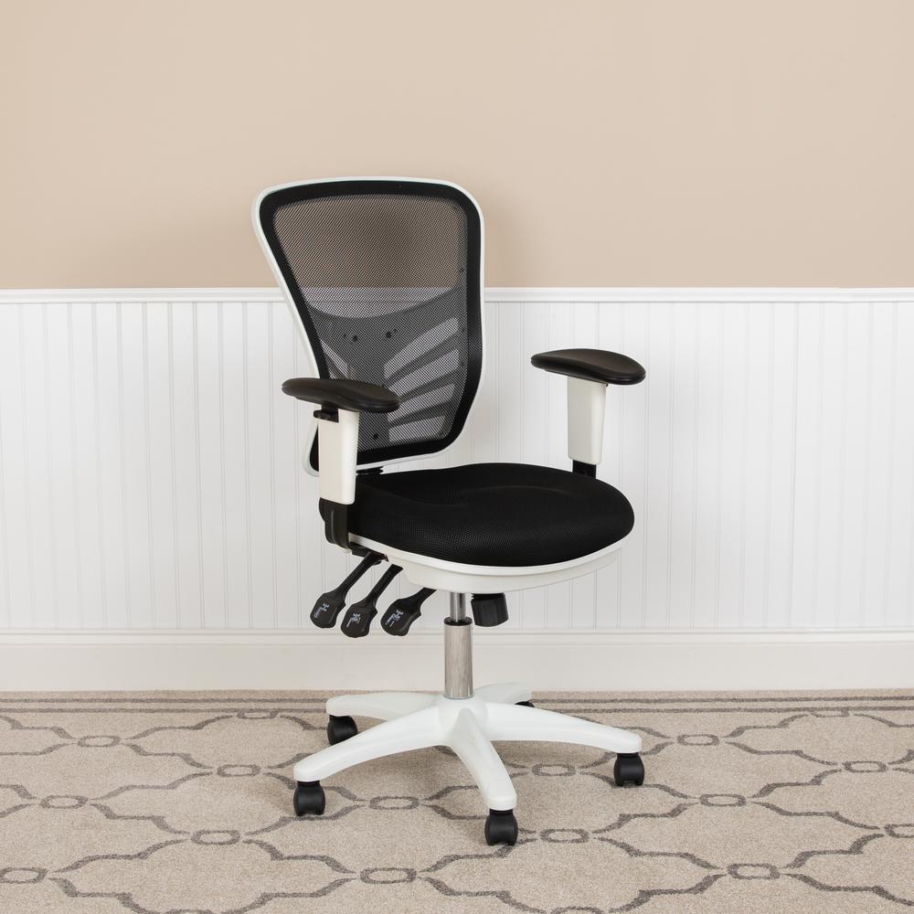 Mid-Back Black Mesh Multifunction Executive Swivel Ergonomic Office Chair with Adjustable Arms and White Frame. Picture 11
