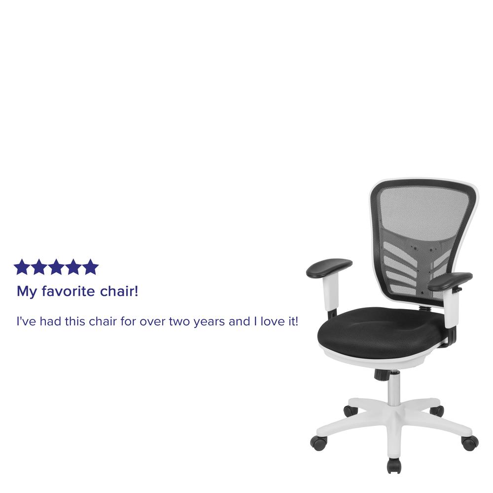 Mid-Back Black Mesh Multifunction Executive Swivel Ergonomic Office Chair with Adjustable Arms and White Frame. Picture 12