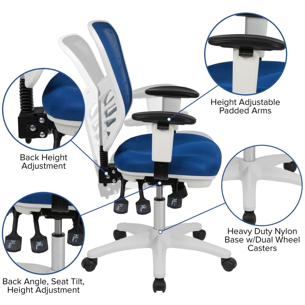 Mid-Back Blue Mesh Multifunction Executive Swivel Ergonomic Office Chair with Adjustable Arms and White Frame. Picture 2