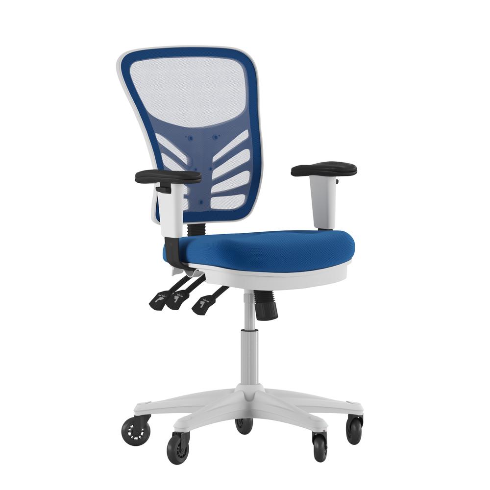 Mid-Back Blue Mesh Multifunction Executive Office Chair and White Frame. Picture 2