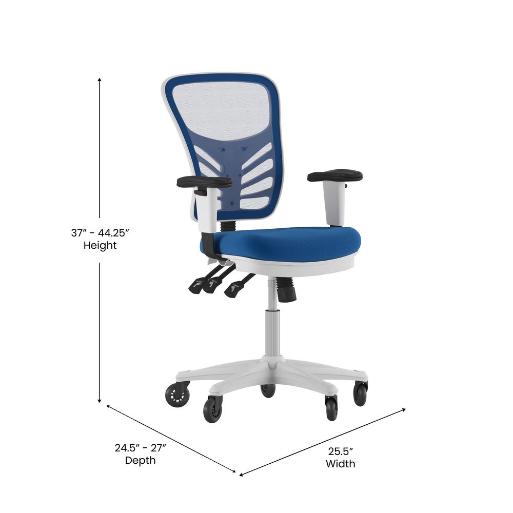 Mid-Back Blue Mesh Multifunction Executive Office Chair and White Frame. Picture 5