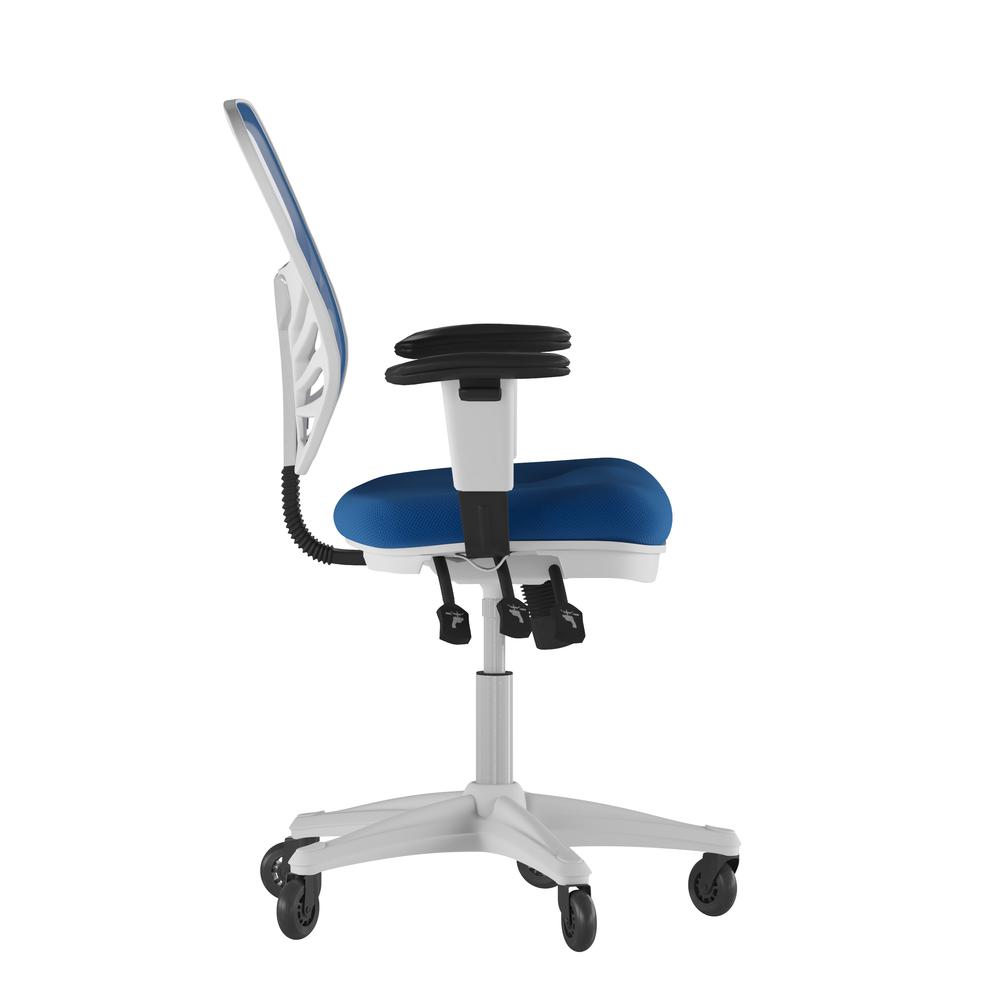 Mid-Back Blue Mesh Multifunction Executive Office Chair and White Frame. Picture 8