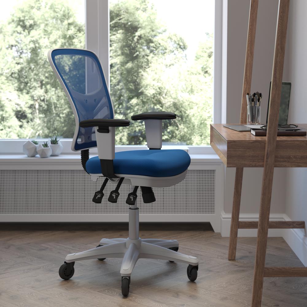 Mid-Back Blue Mesh Multifunction Executive Office Chair and White Frame. Picture 1