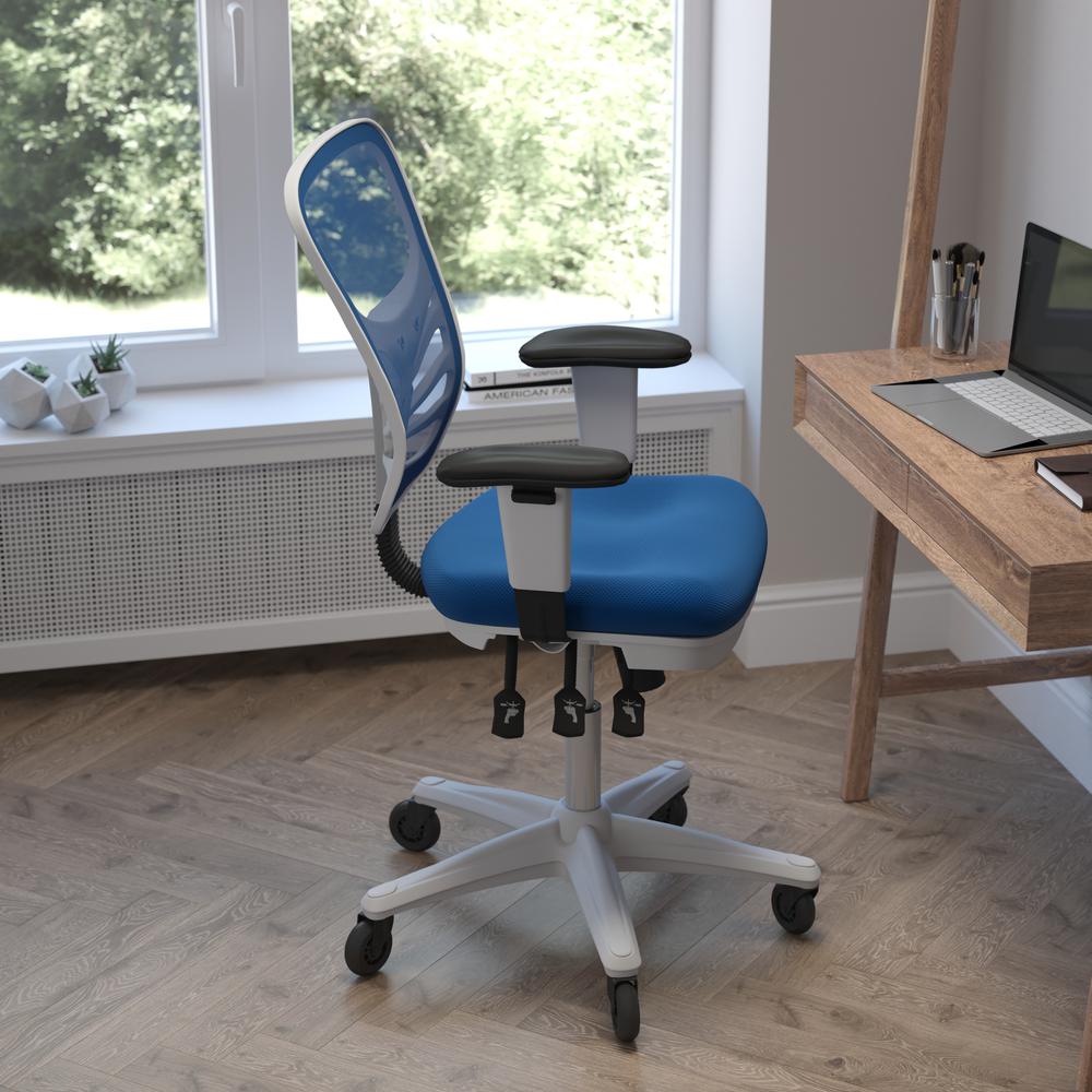 Mid-Back Blue Mesh Multifunction Executive Office Chair and White Frame. Picture 6