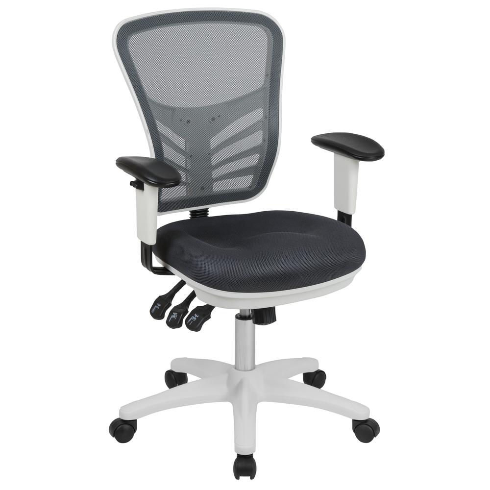 Mid-Back Dark Gray Mesh Multifunction Executive Swivel Ergonomic Office Chair with Adjustable Arms and White Frame. Picture 1