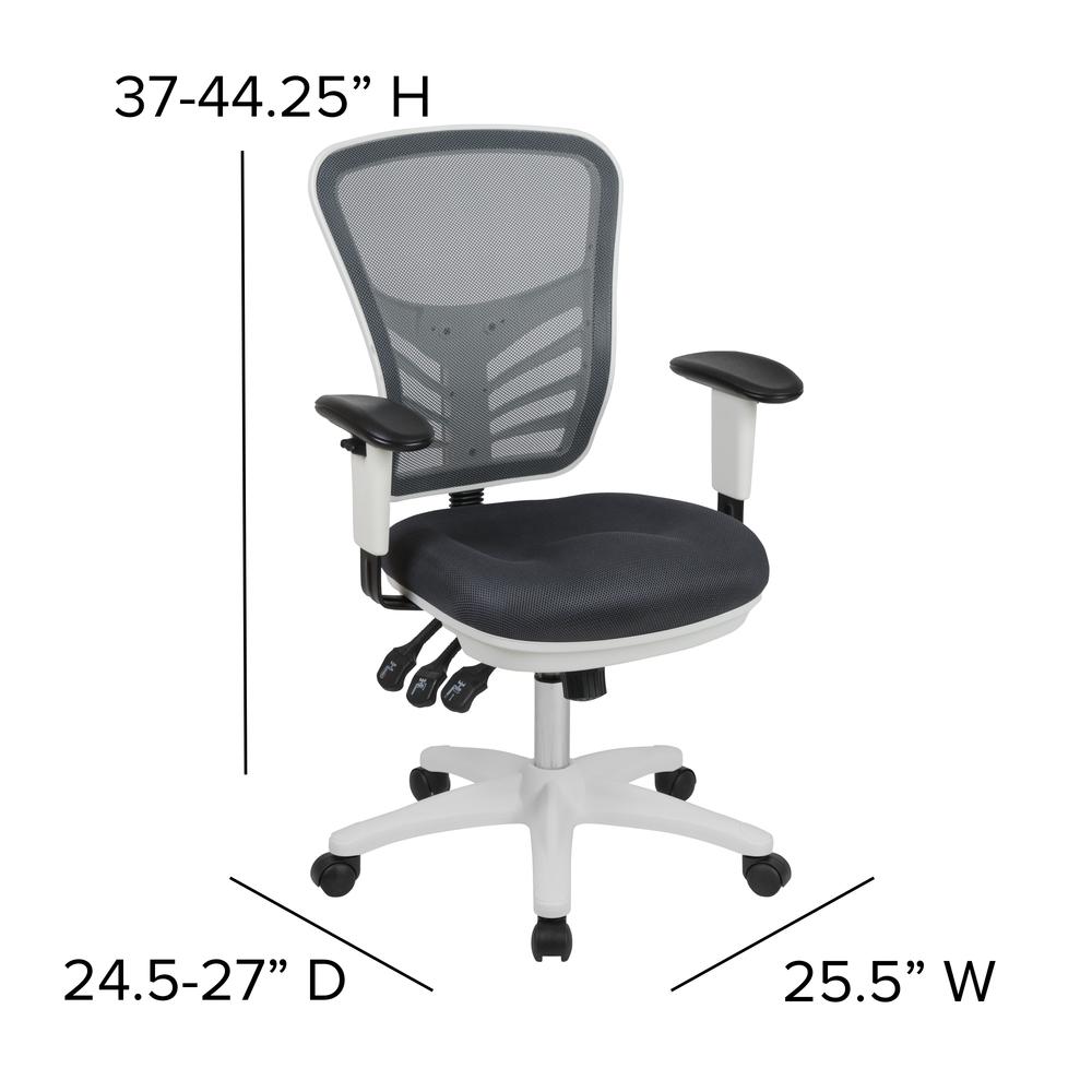 Mid-Back Dark Gray Mesh Multifunction Executive Swivel Ergonomic Office Chair with Adjustable Arms and White Frame. Picture 2