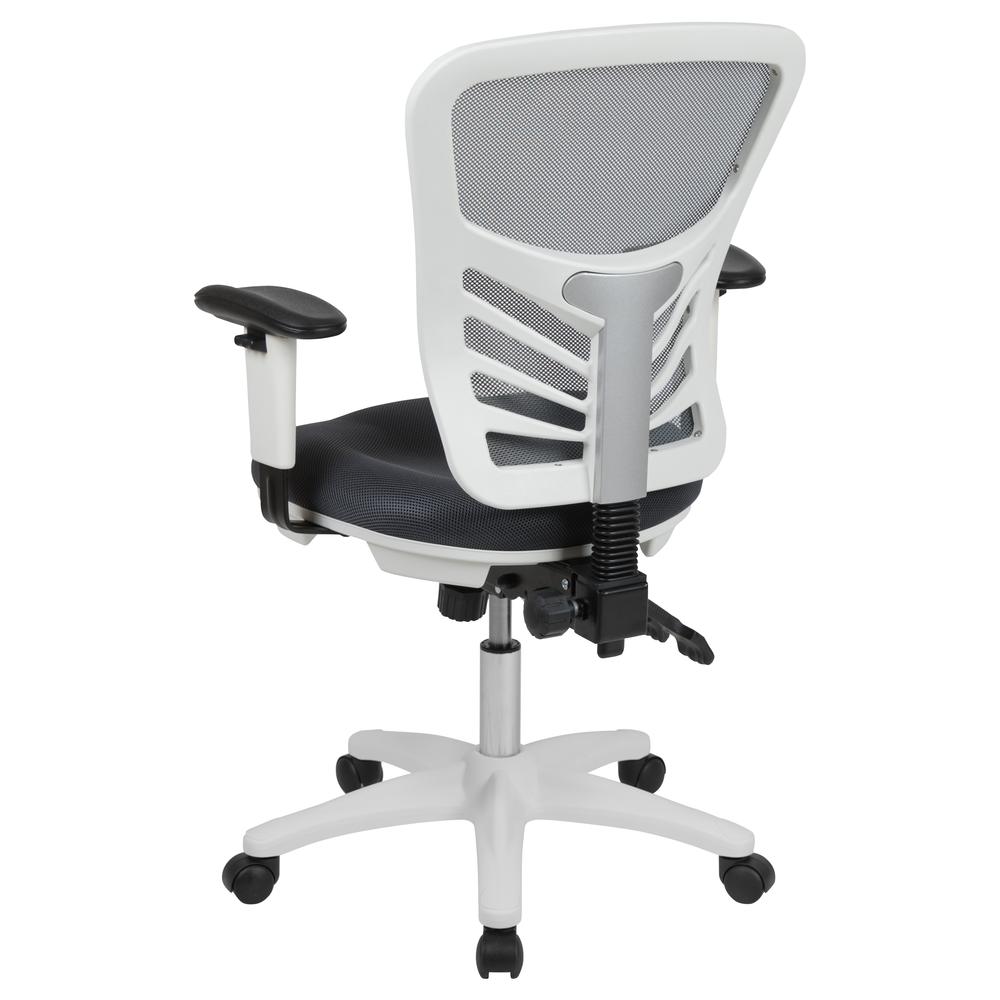Mid-Back Dark Gray Mesh Multifunction Executive Swivel Ergonomic Office Chair with Adjustable Arms and White Frame. Picture 5