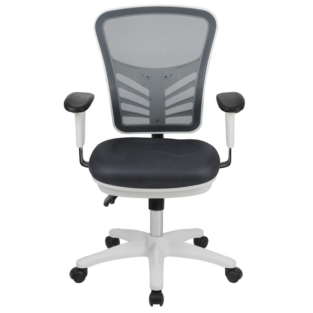Mid-Back Dark Gray Mesh Multifunction Executive Swivel Ergonomic Office Chair with Adjustable Arms and White Frame. Picture 5