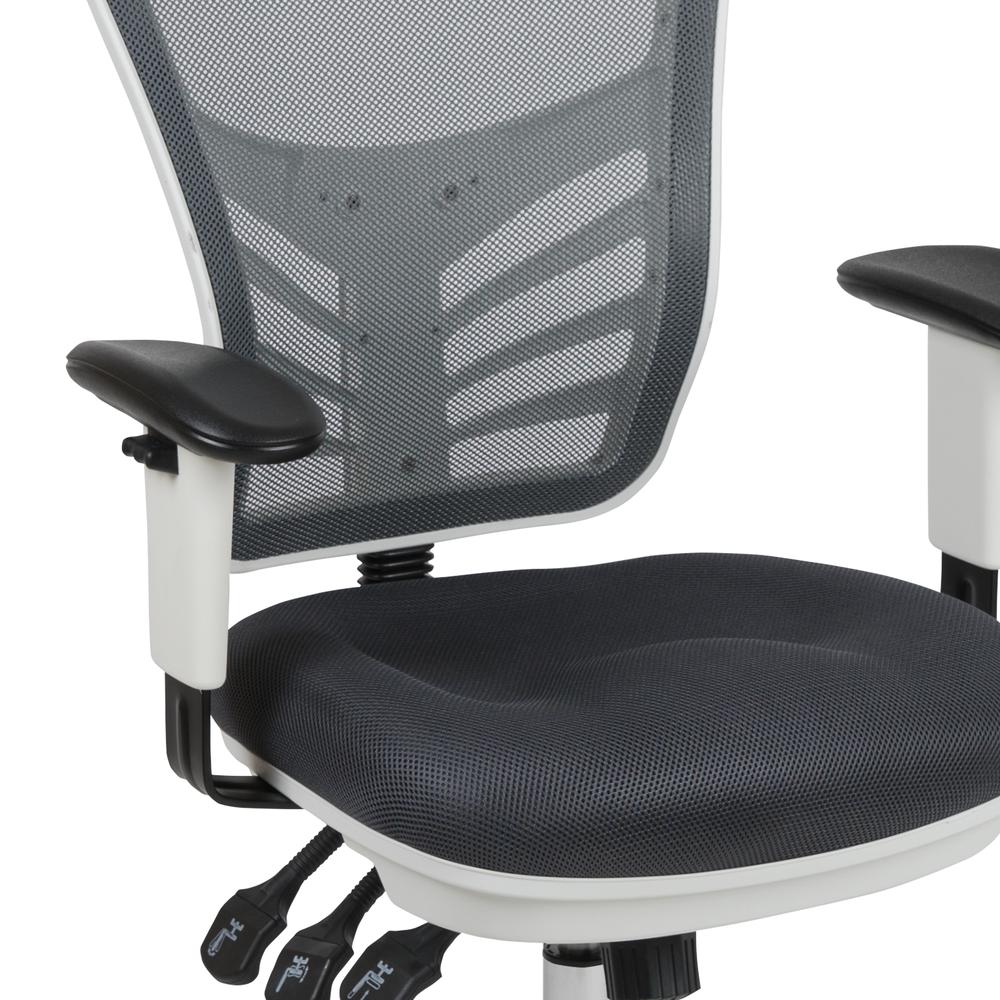 Mid-Back Dark Gray Mesh Multifunction Executive Swivel Ergonomic Office Chair with Adjustable Arms and White Frame. Picture 7
