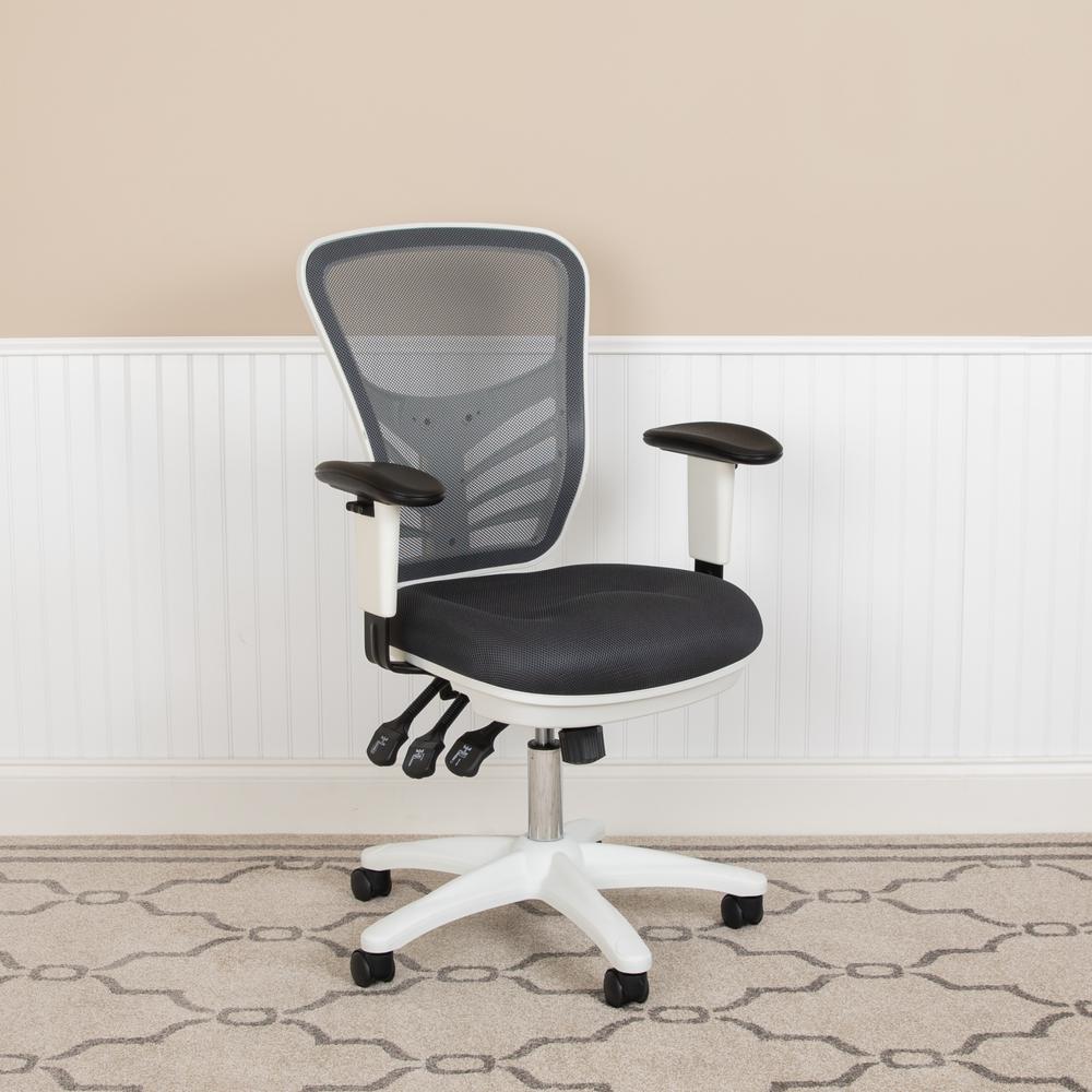 Mid-Back Dark Gray Mesh Multifunction Executive Swivel Ergonomic Office Chair with Adjustable Arms and White Frame. Picture 11