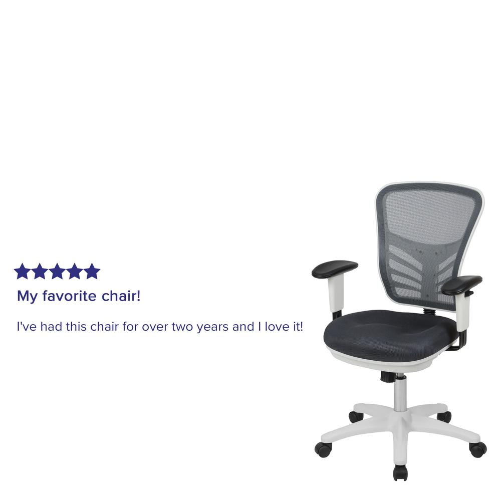 Mid-Back Dark Gray Mesh Multifunction Executive Swivel Ergonomic Office Chair with Adjustable Arms and White Frame. Picture 12