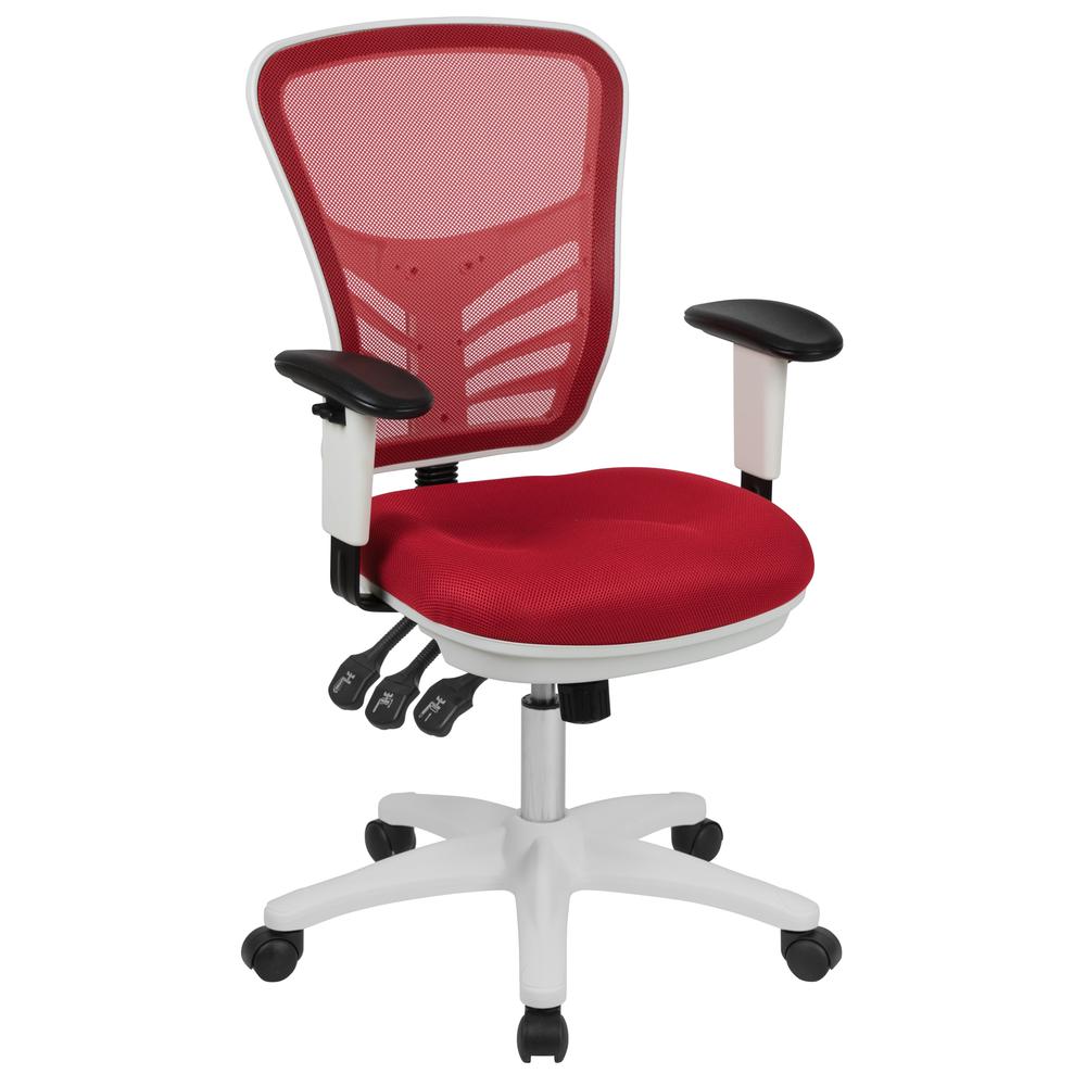 Mid-Back Red Mesh Multifunction Executive Swivel Ergonomic Office Chair with Adjustable Arms and White Frame. The main picture.