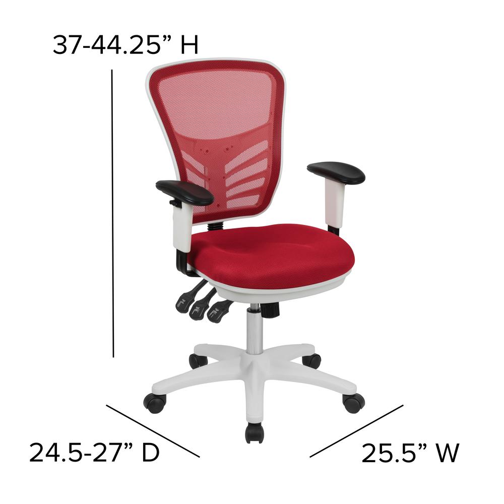 Mid-Back Red Mesh Multifunction Executive Swivel Ergonomic Office Chair with Adjustable Arms and White Frame. Picture 4