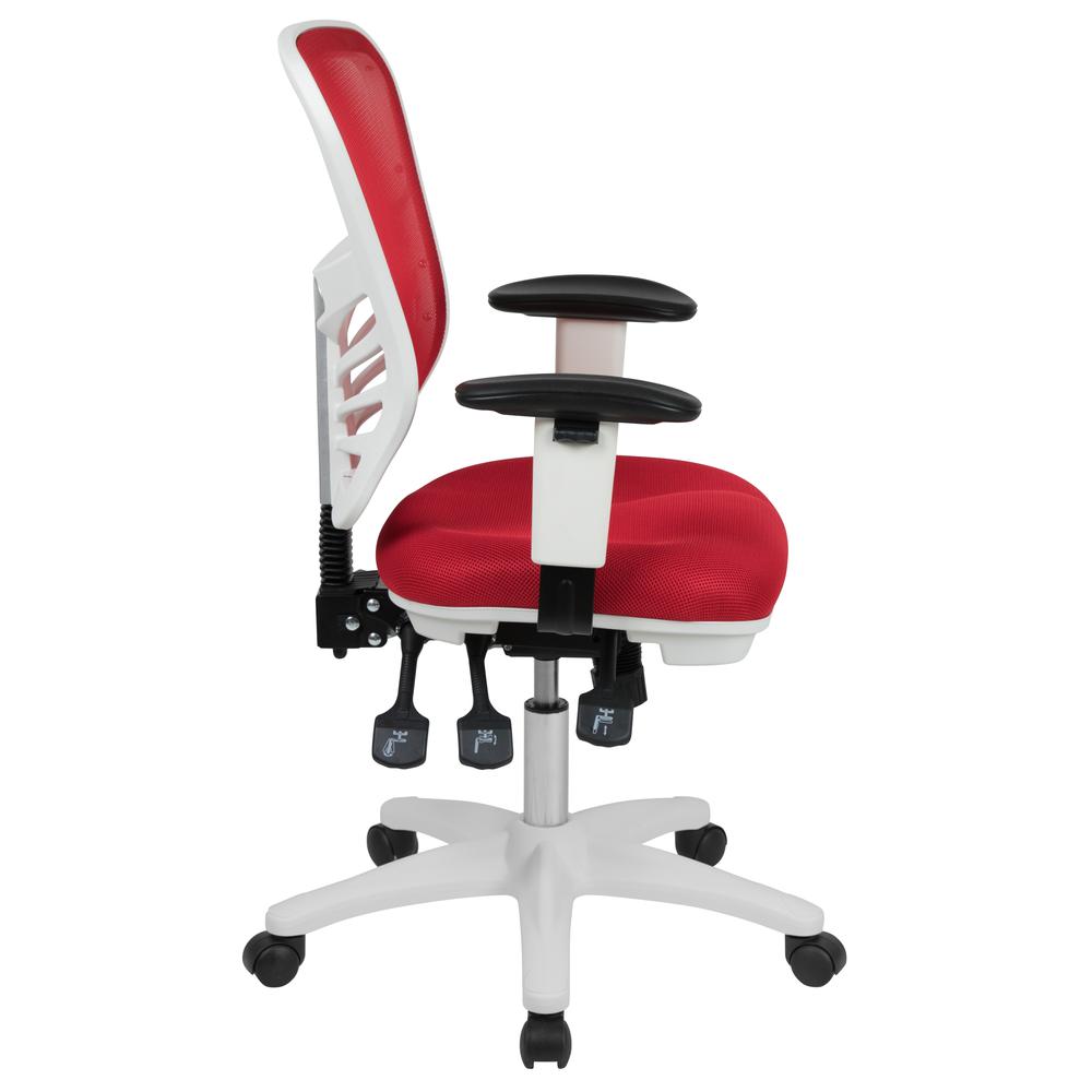 Mid-Back Red Mesh Multifunction Executive Swivel Ergonomic Office Chair with Adjustable Arms and White Frame. Picture 3